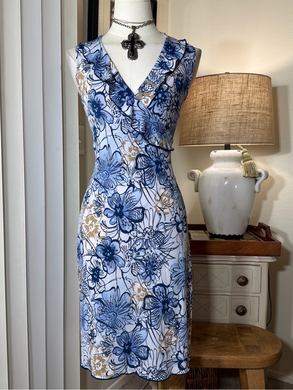 Rave Sleeveless Blue Floral Wrap Dress
